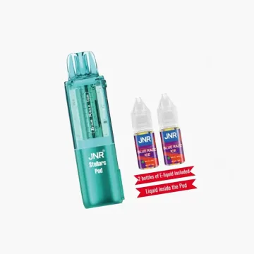 JNR Stellarc 100K replacement pod in teal transparent design with two Blue Razz Ice e-liquid bottles included