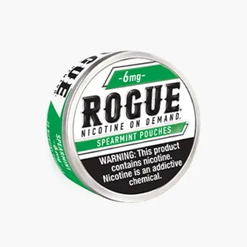 Rogue Nicotine Pouches can front view showing tobacco-free slim pouches in 3mg and 6mg strengths