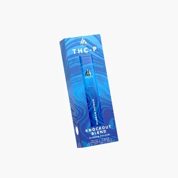 Uplift THC-P Knockout Blend 2 gram disposable vape with Durban Poison sativa strain, multi-cannabinoid formula featuring THC-P, HHC, CBN and Delta 8 in blue packaging
