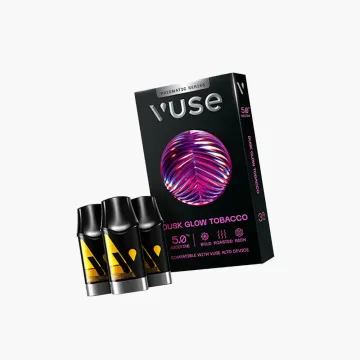 Vuse Alto Prismatic Series Dusk Glow Tobacco pods 5.0% nicotine, black box and three pre-filled pods