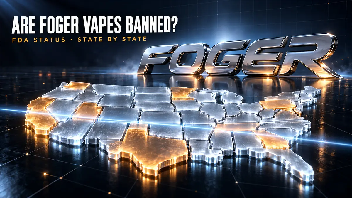 Are Foger vapes banned: chrome Foger logo above a glowing state-by-state US map showing legal status varies by state