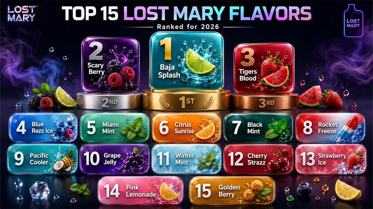 Best Lost Mary flavors 2026 top 15 ranked including Baja Splash Scary Berry Tigers Blood