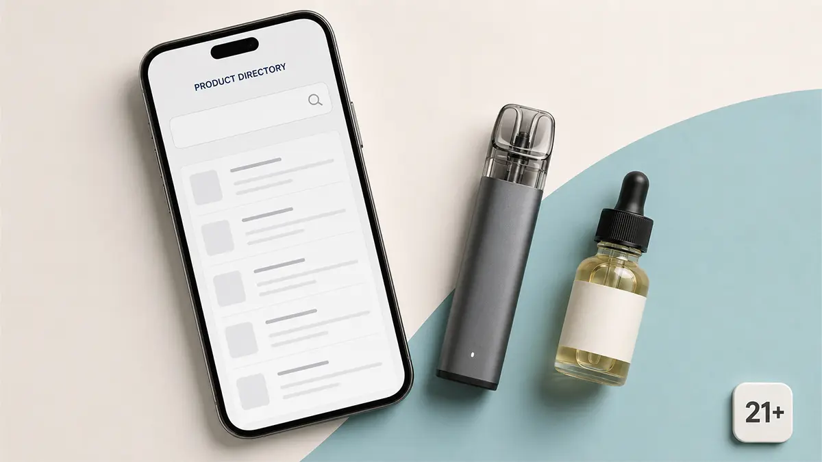 Shopper checking Florida's prohibited products directory next to a refillable open-system vape and bottled e-liquid.