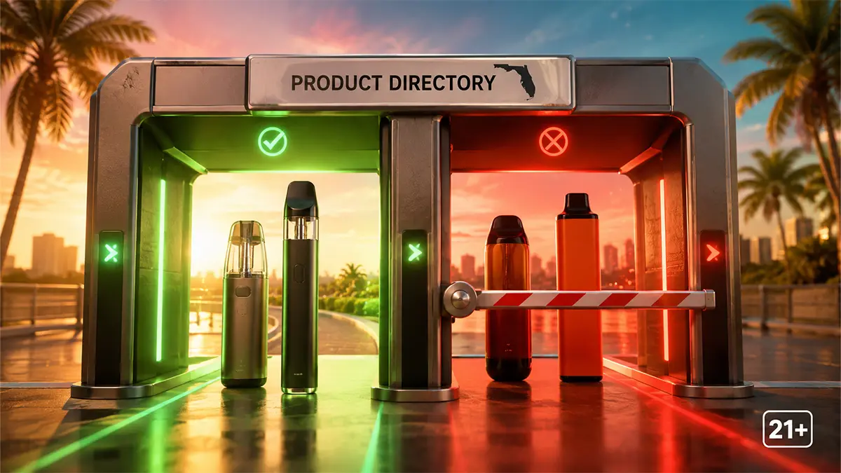 Shopper checking Florida's prohibited products directory next to a refillable open-system vape and bottled e-liquid.