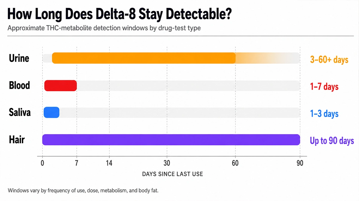 Delta-8 THC drug test detection windows chart showing urine, blood, saliva, and hair test timelines