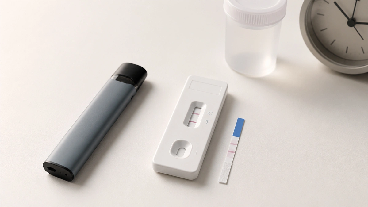 Unbranded Delta-8 disposable vape beside a rapid drug-test cassette, test strip, specimen cup, and clock illustrating how long Delta-8 stays detectable