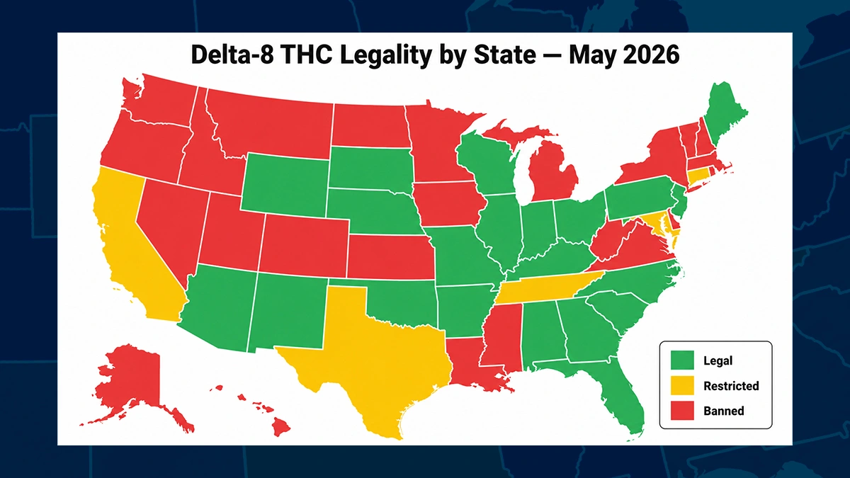 Map of the United States showing Delta-8 THC legality by state as of May 2026