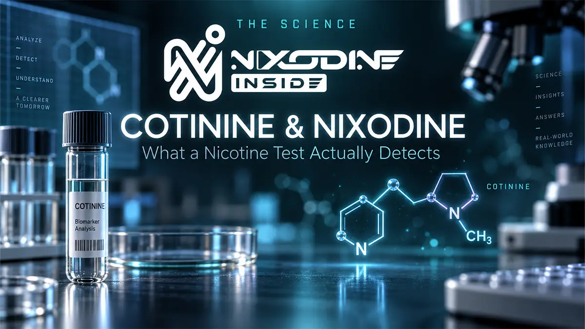 Nicotine cotinine test tube and sample cup beside a vape device, illustrating whether Nixodine shows up on a nicotine test