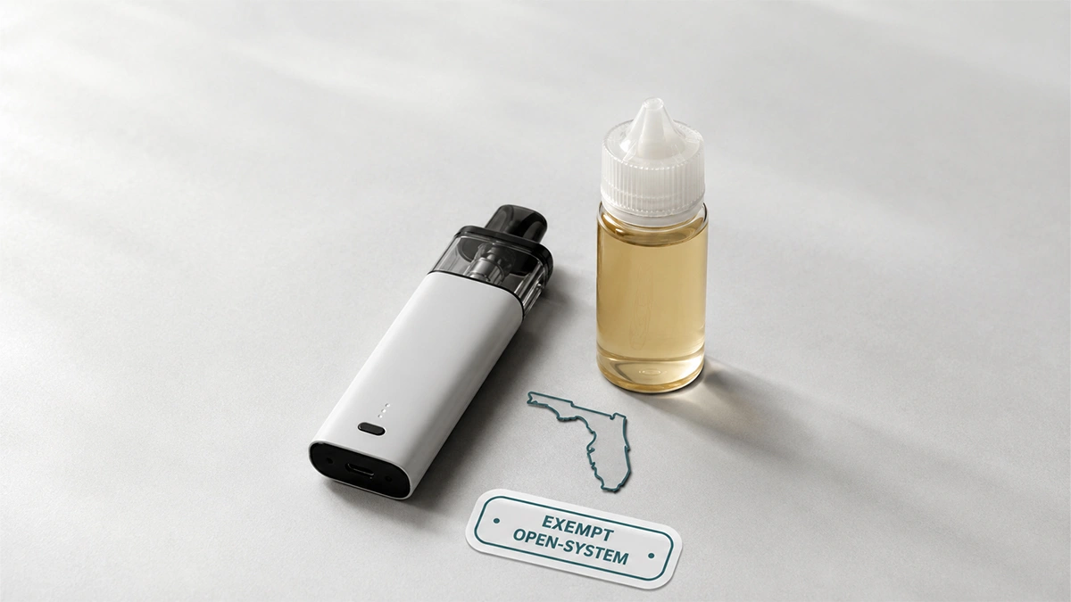 Florida vape ban 2026 explained with a refillable open-system device   and bottled e-liquid that stay legal under HB 1007