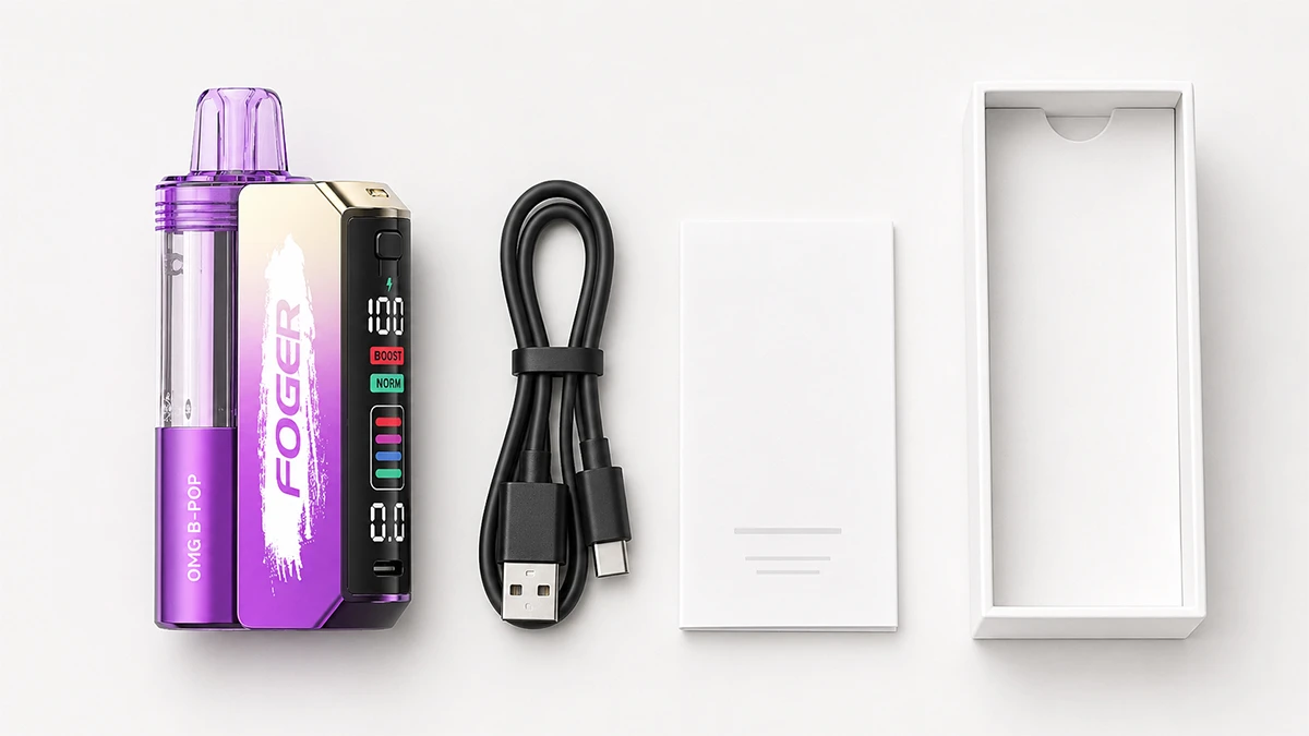 Foger Switch Pro 30K kit contents laid out including power bank dock pod and USB-C cable