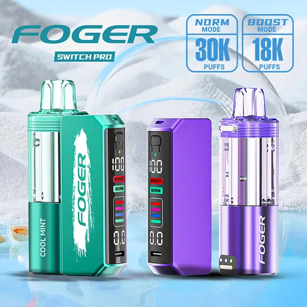 Foger Switch Pro 30K stored upright with mouthpiece pointing up to prevent leaking