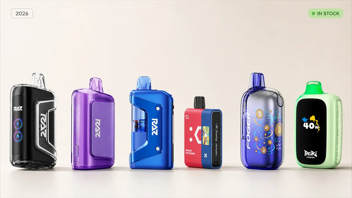 Six in-stock Geek Bar alternative vapes from RAZ, Off Stamp, Foger and Beri Crush lined up