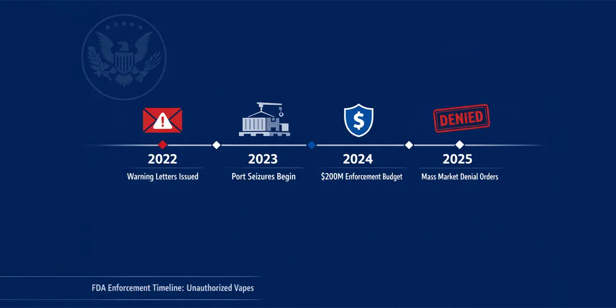 Timeline of FDA enforcement actions against unauthorized disposable vapes including Geek Bar