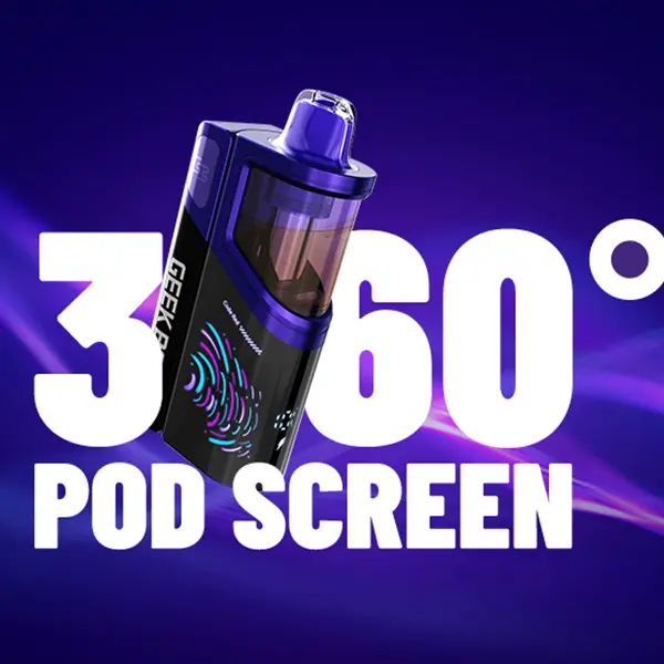 Geek Bar Clio Platinum 50K closeup showing dual screen and modular pod design