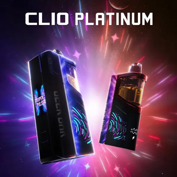 Geek Bar Clio Platinum 50K dual screen display showing battery and puff count