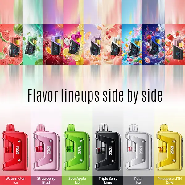 Geek Bar Clio Platinum 50K and Raz Vue 50K flavor lineups side by side