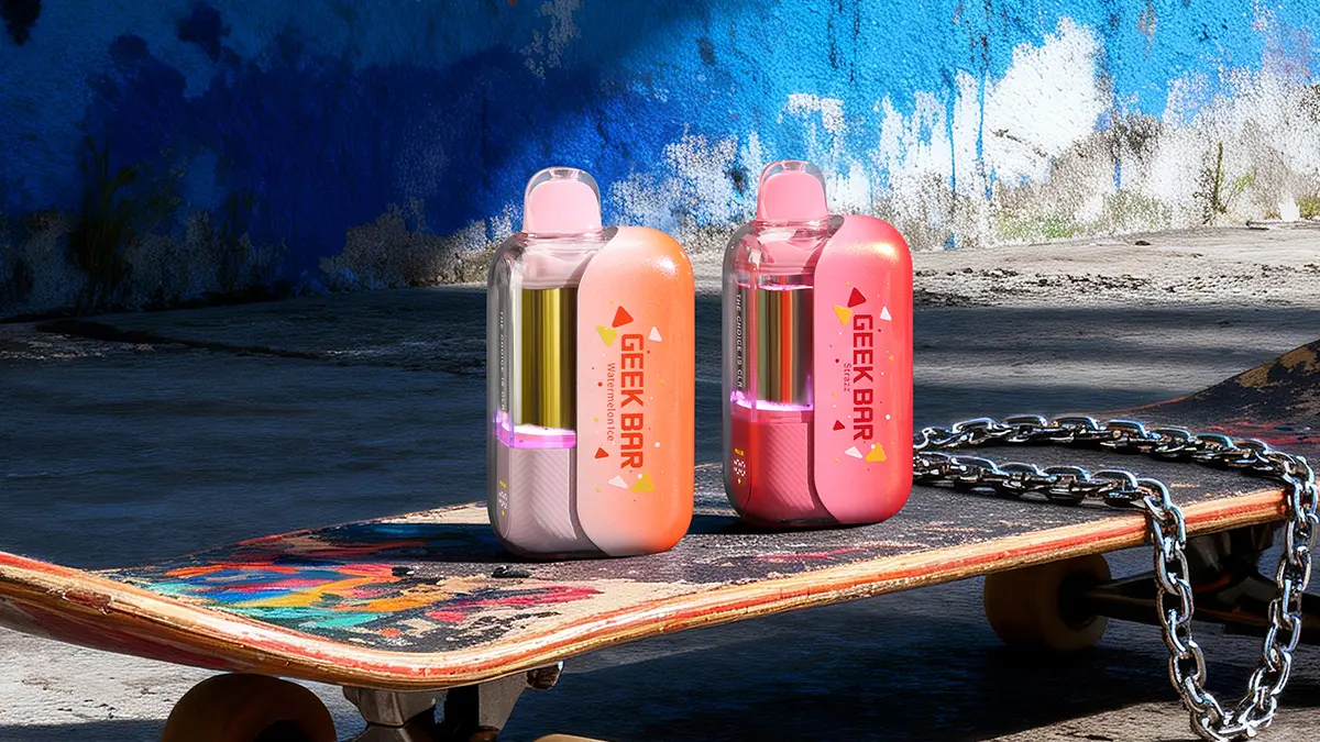 Geek Bar CLR 50K review showing transparent polycarbonate body with visible dual mesh coils and CLR system