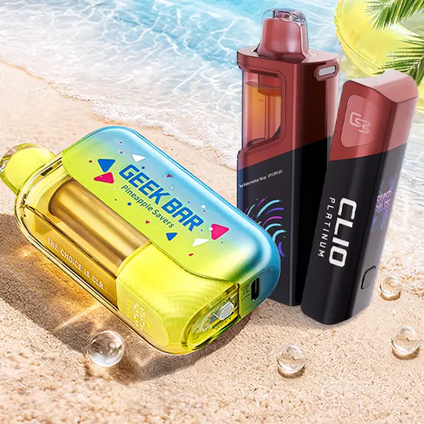 Geek Bar CLR 50K transparent body next to Geek Bar Clio Platinum 50K side by side