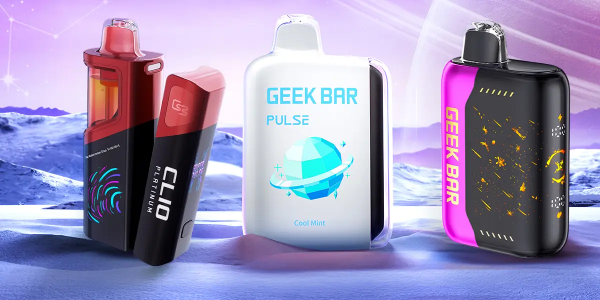 Geek Bar Clio Platinum 50K, Pulse X 25K, and Pulse 15K side by side