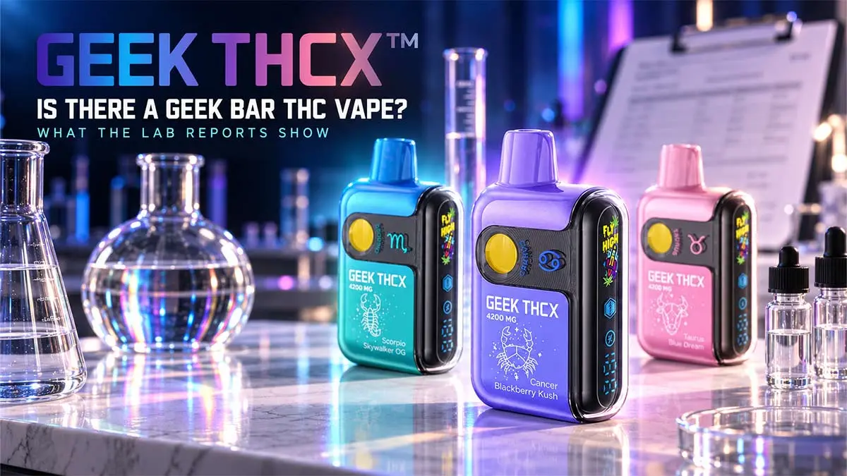 Geek Bar THC vape question: three Geek THCX Pulse Pro devices on a lab bench with glassware and a blurred lab report