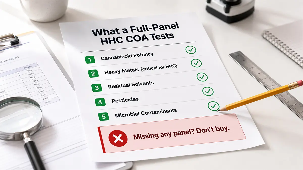 What to look for in an HHC product COA showing 5 essential test panels