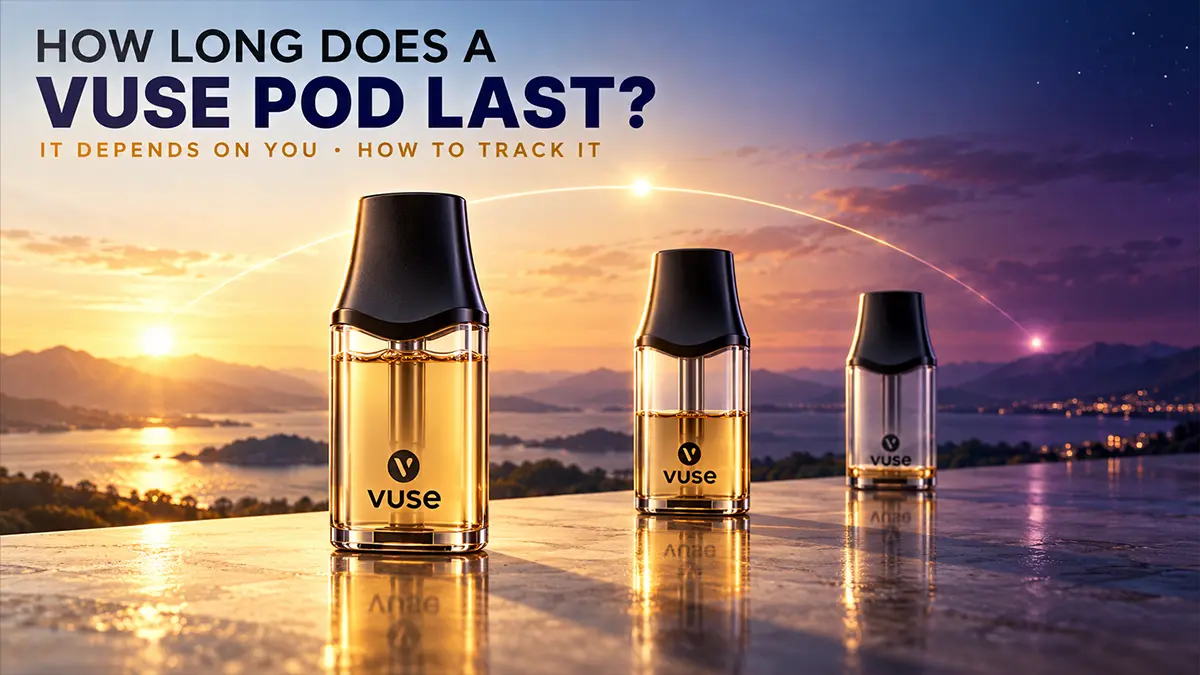 How long does a Vuse pod last: three Vuse Alto pods going from full to empty as light shifts from dawn to dusk