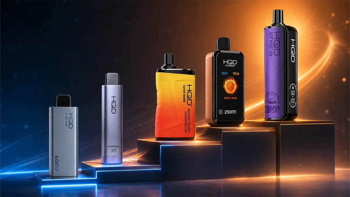 HQD vapes lined up by puff count, from the 6,000-puff Cuvie Slick to the 25,000-puff Everest