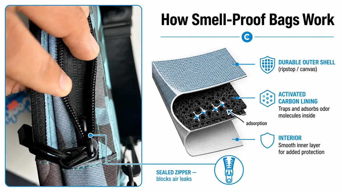 How smell-proof bags work: activated carbon lining and sealed zipper diagram