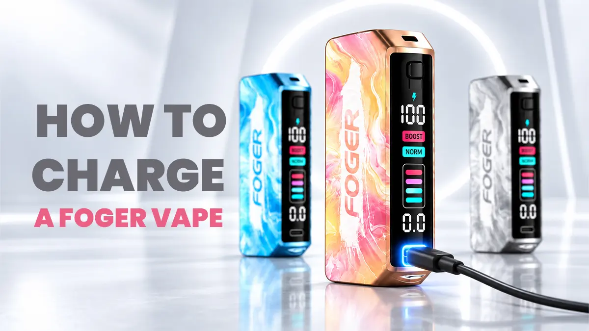 How to charge a Foger Switch Pro vape with a USB-C cable plugged into the power bank base