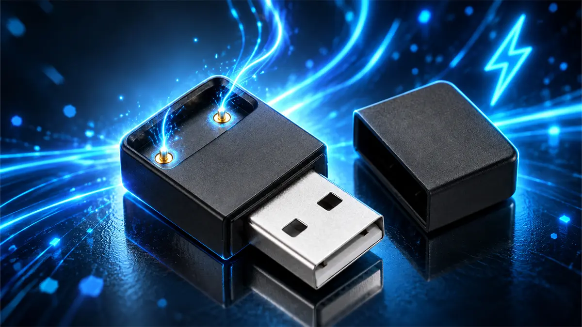 JUUL USB charging dock with glowing gold contact pins and blue energy effects, showing how to charge a JUUL