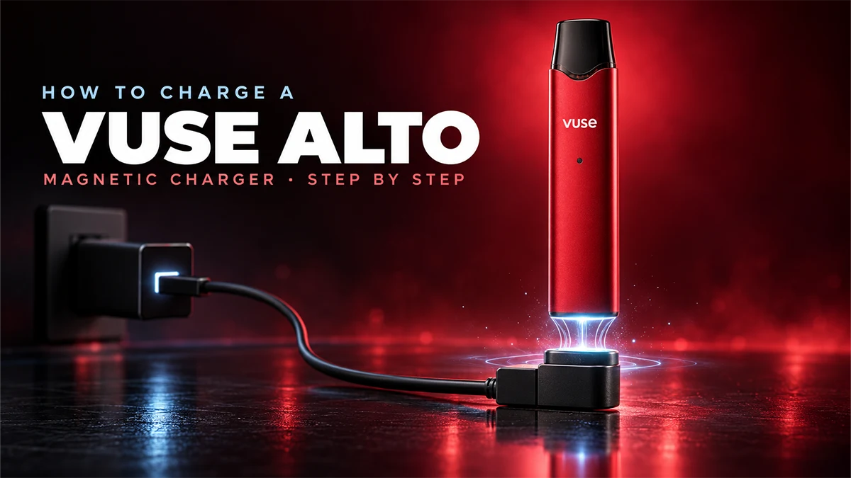 How to charge a Vuse Alto: red Vuse Alto with its magnetic charger about to snap onto the base