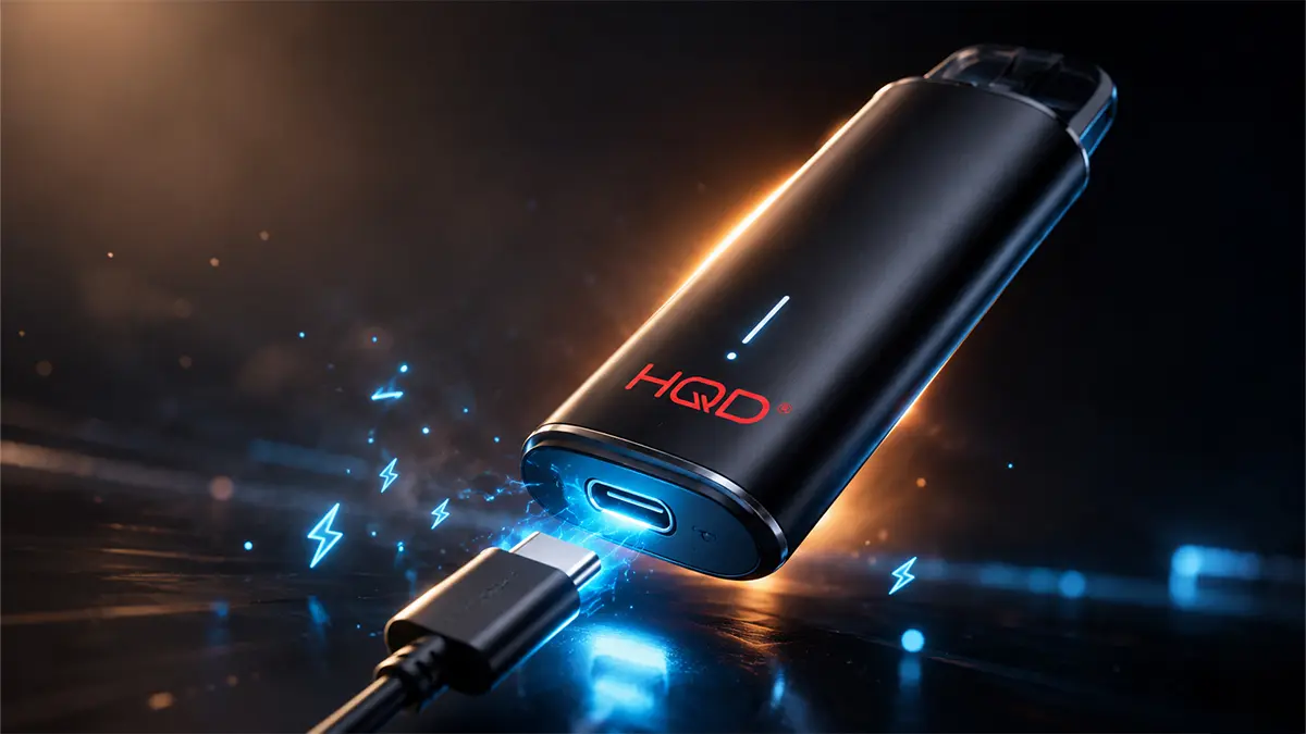 HQD vape charging with a USB-C cable connected to the port on the bottom of the device