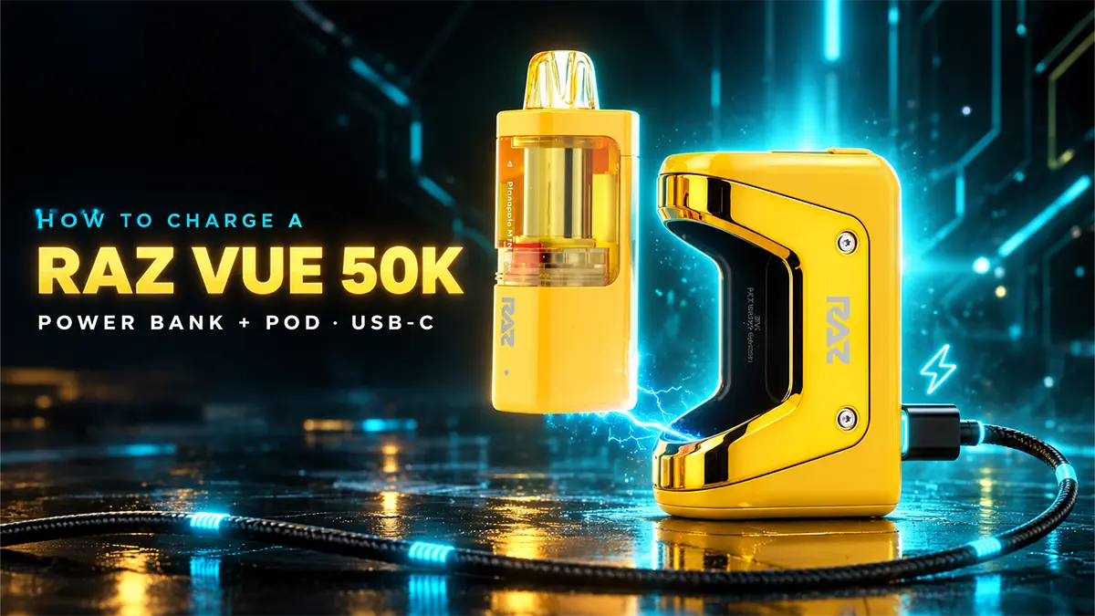 How to charge a RAZ VUE 50K: pod docking onto the power bank with a glowing USB-C cable connected