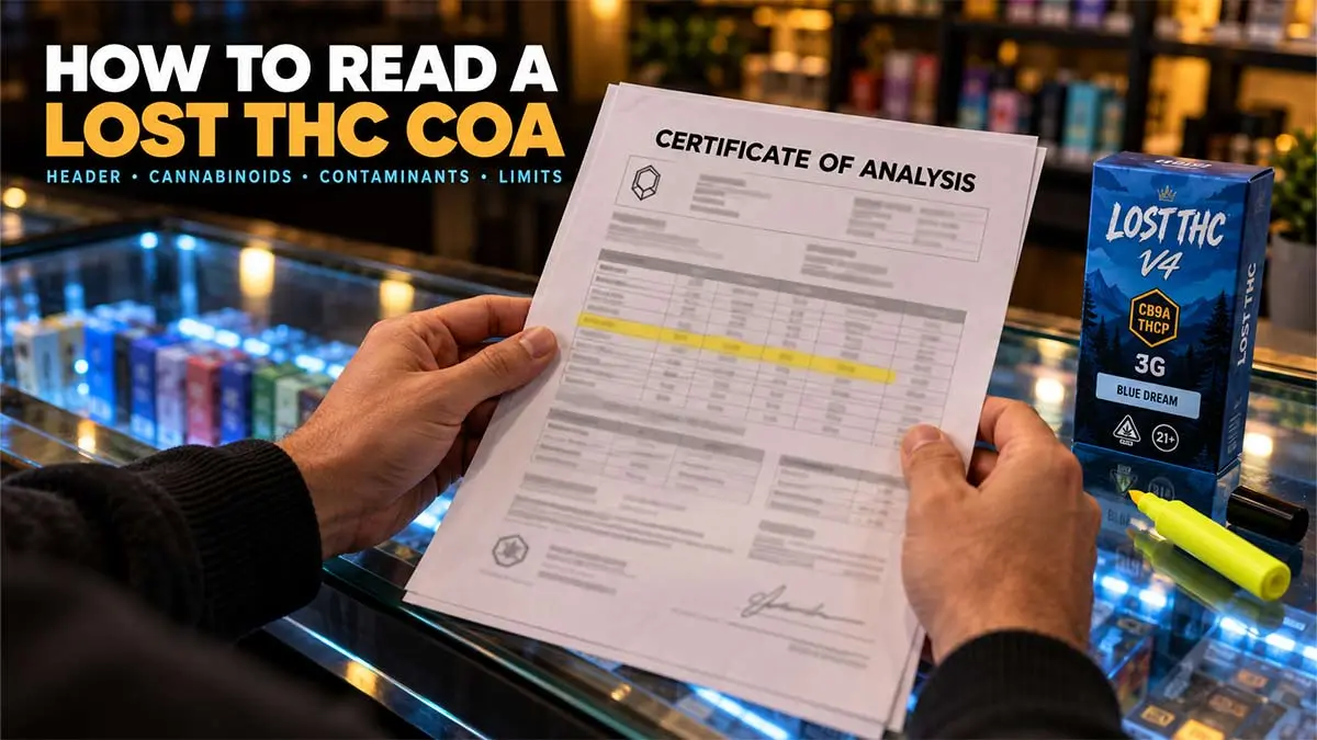 How to read a Lost THC COA: hands holding a certificate of analysis at a vape shop counter beside a Lost THC V4 box