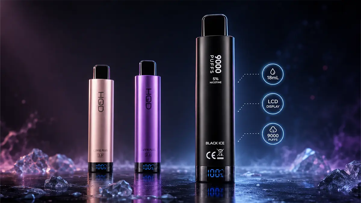 HQD Cuvie Plus 2.0 in rose gold, purple, and Black Ice, showing its 18mL tank, LCD display, and 9,000 puffs