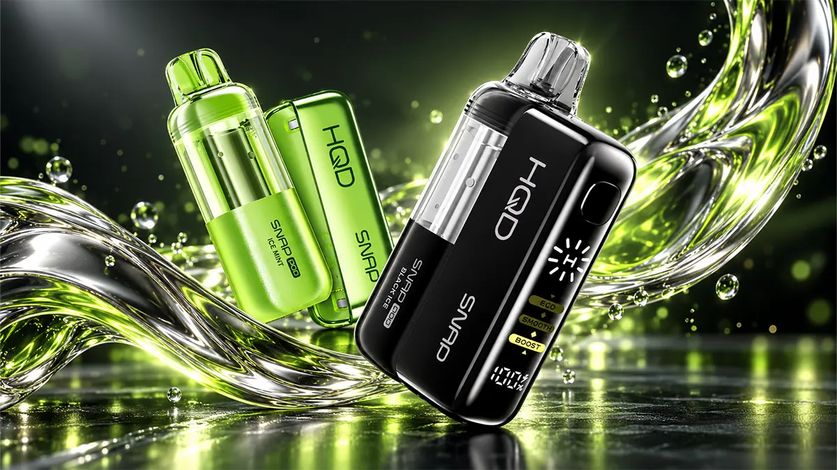 HQD Snap 50K modular Nixodine vape in Black Ice and Ice Mint, with magnetic pod, ECO/SMOOTH/BOOST modes, and 50,000 puffs