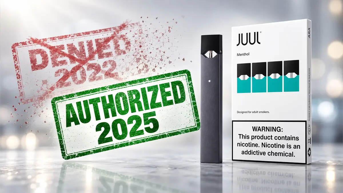 JUUL device and Menthol pod box with a crossed-out DENIED 2022 stamp and a green FDA AUTHORIZED 2025 stamp