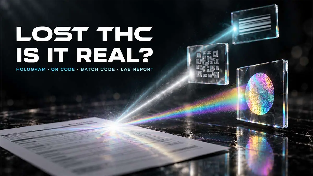 Is Lost THC real: hologram, QR code and batch code symbols sending light beams that converge on a lab report
