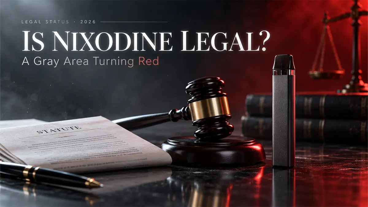 Is Nixodine legal in 2026 gavel, legal statute, and a vape device illustrating the shifting legal gray area