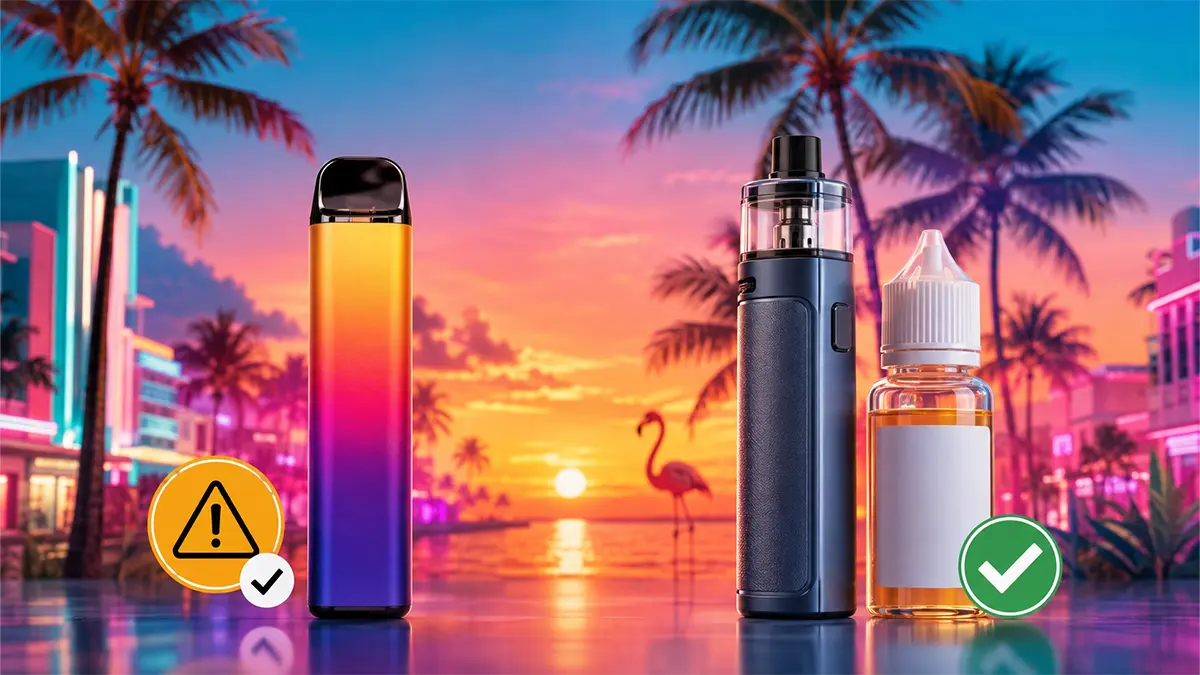 Florida vape guide comparing a single-use disposable that must be checked against the state directory with refillable kit and e-liquid options that stay legal.