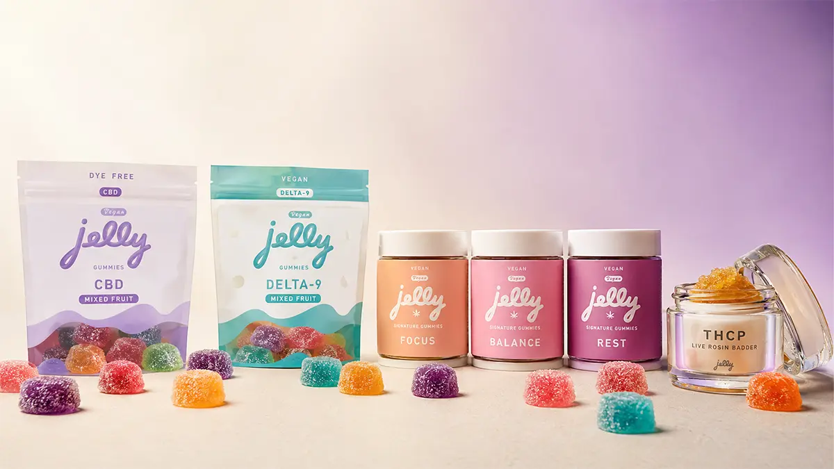 Jelly hemp brand product lineup with CBD gummies, Delta-9 gummies, Signature functional gummies, and THCP live rosin badder