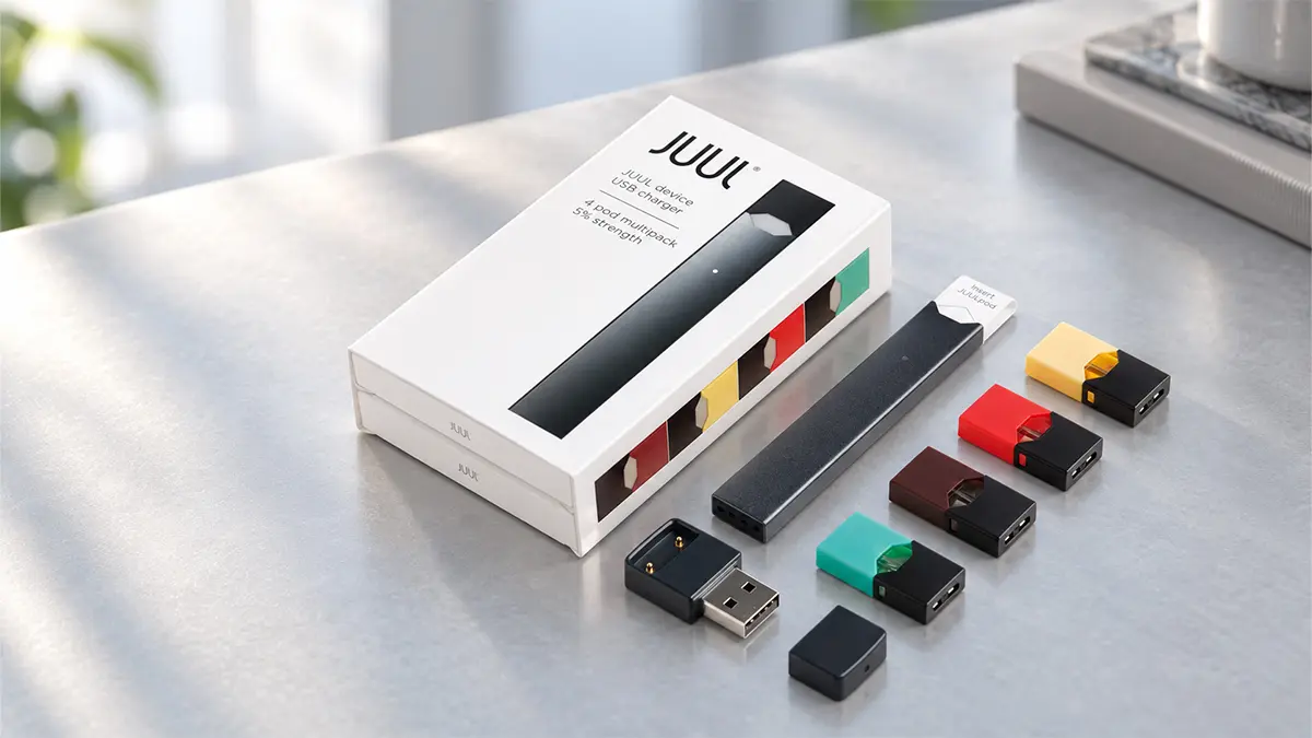 JUUL device starter kit with USB charging dock and four colored JUULpods on a light countertop