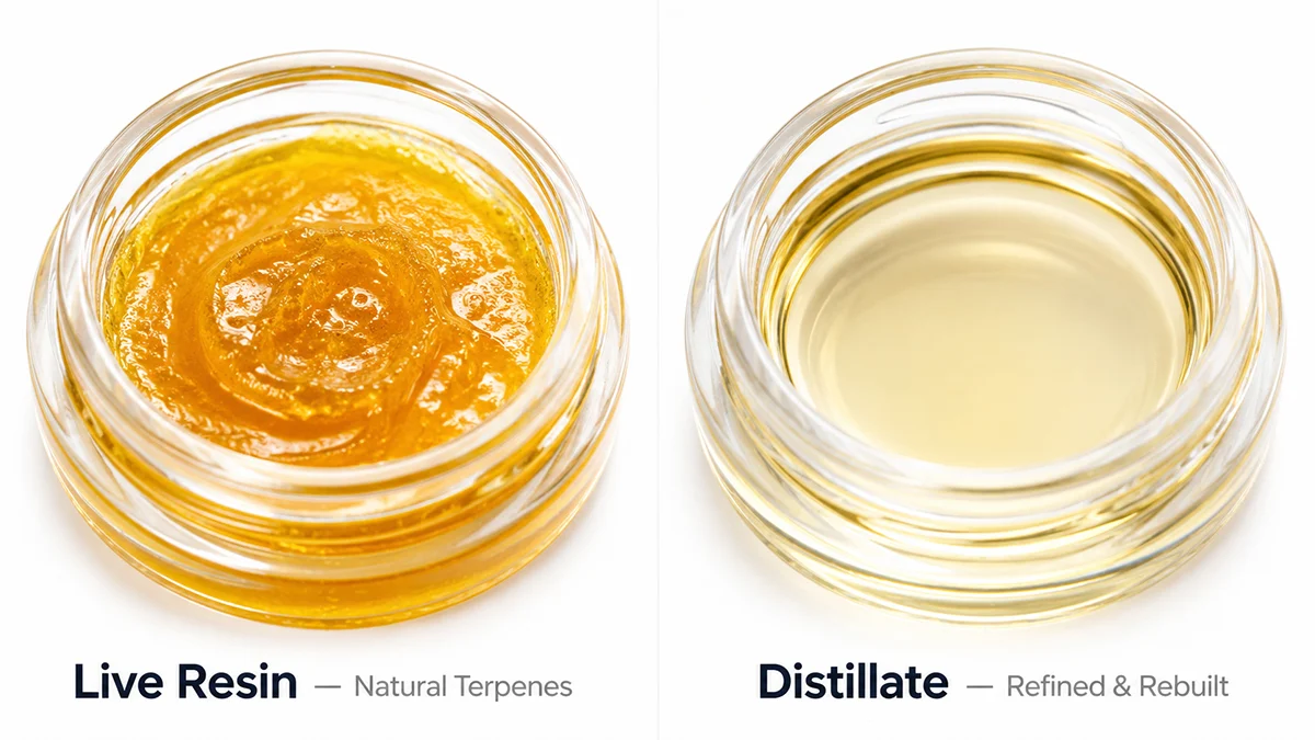 Live resin vs distillate side-by-side comparison showing color, clarity, and terpene differences