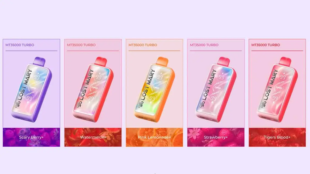 Lost Mary MT35000 Turbo complete flavor lineup showing all 20 plus flavors