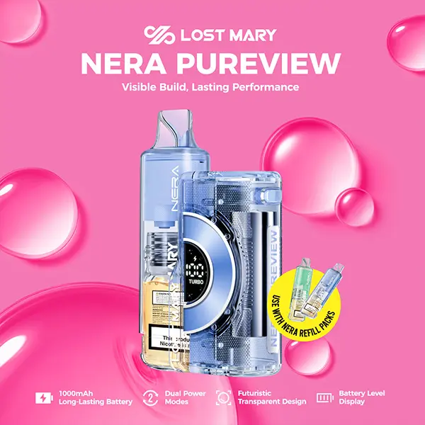 Lost Mary Nera Pureview 40K vape with transparent pod and curved display
