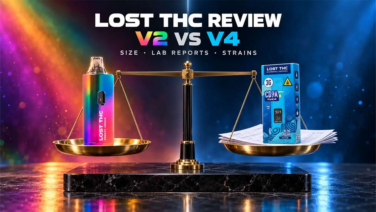 Lost THC review: V2 7.5g and V4 3G on a level balance, the V4 box resting on a stack of lab reports