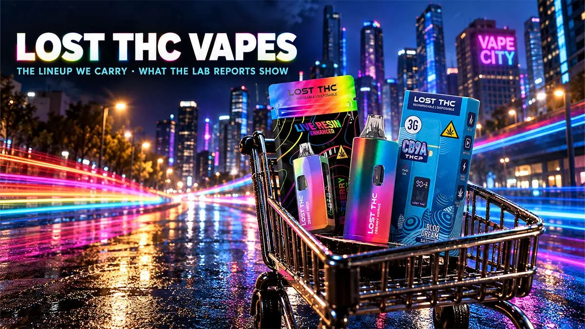 Lost THC vapes: Lost THC V2 7.5g and V4 3G in a chrome shopping cart on a rainy city avenue with rainbow light trails