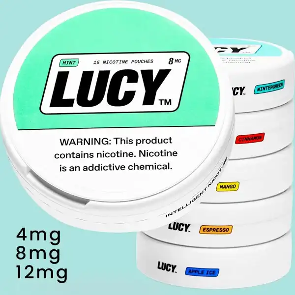 Lucy premium nicotine pouches lineup — 4mg, 8mg, and 12mg synthetic nicotine