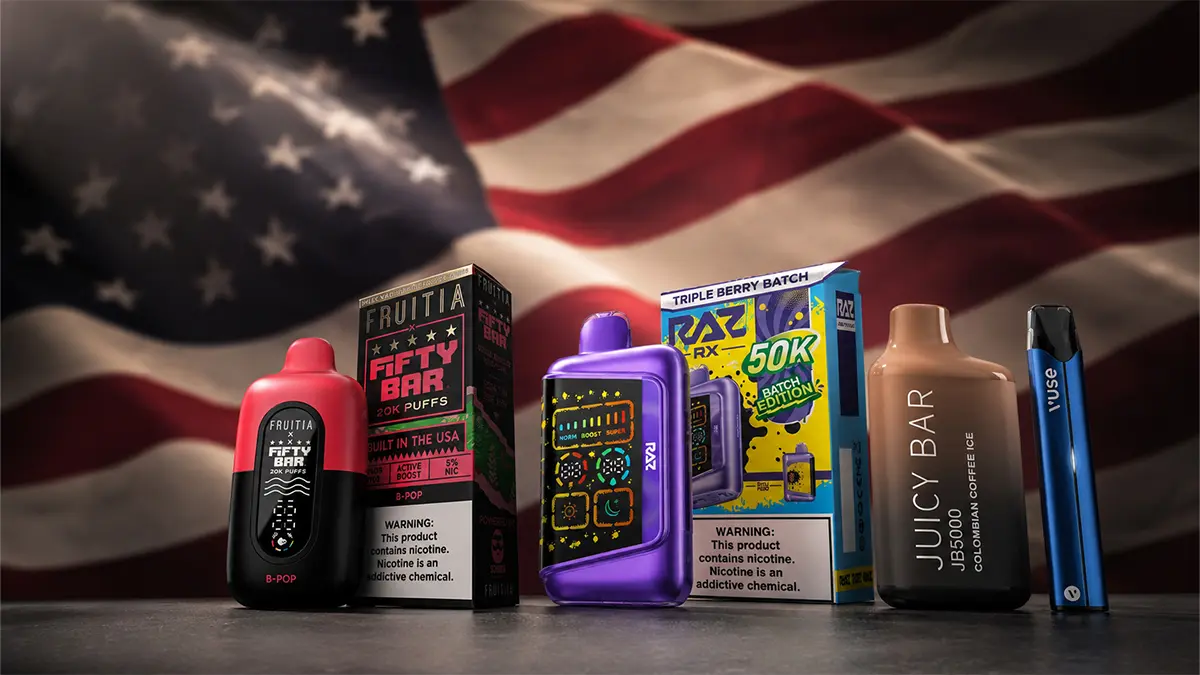 Made in USA disposable vapes still legal to buy in Texas under SB 2024, arranged flat-lay with a US flag accent
