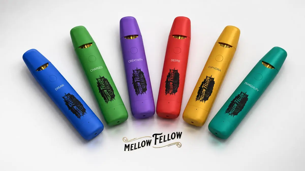 Mellow Fellow live resin disposable vapes in multiple mood blend colors